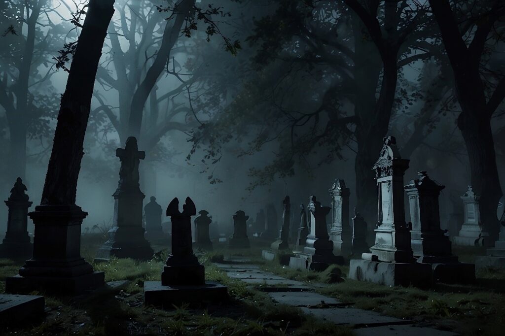 A foggy, dark cemetery at night with gravestones.