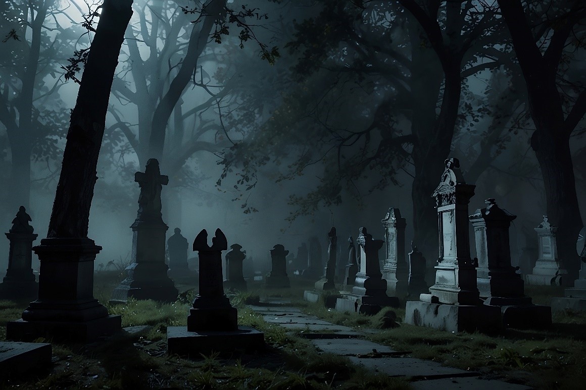 A foggy, dark cemetery at night with gravestones.