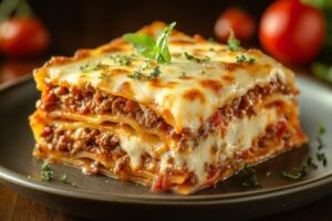 Lasagna slice with meat and cheese.